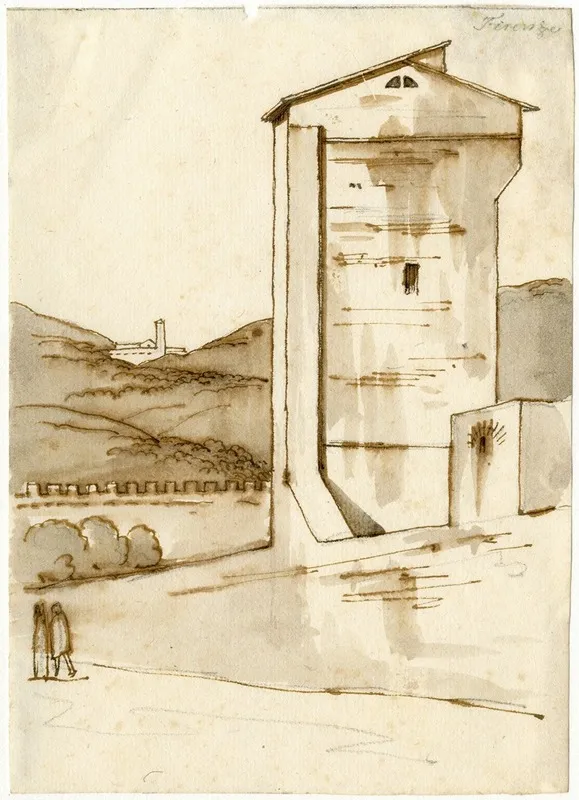 Florence Gebouw En Muur Met Heuvels Op De Achtergrond by David Humbert de Superville - Canvas Print