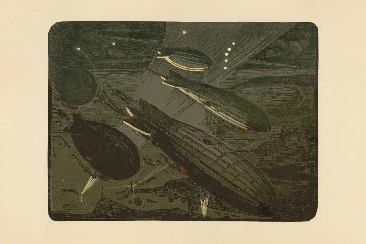 Flotte De Zeppelins Attaquant Langleterre 1916 Fleet Of Zeppelins Attacking England 1916 by Maurice Busset - Canvas Print