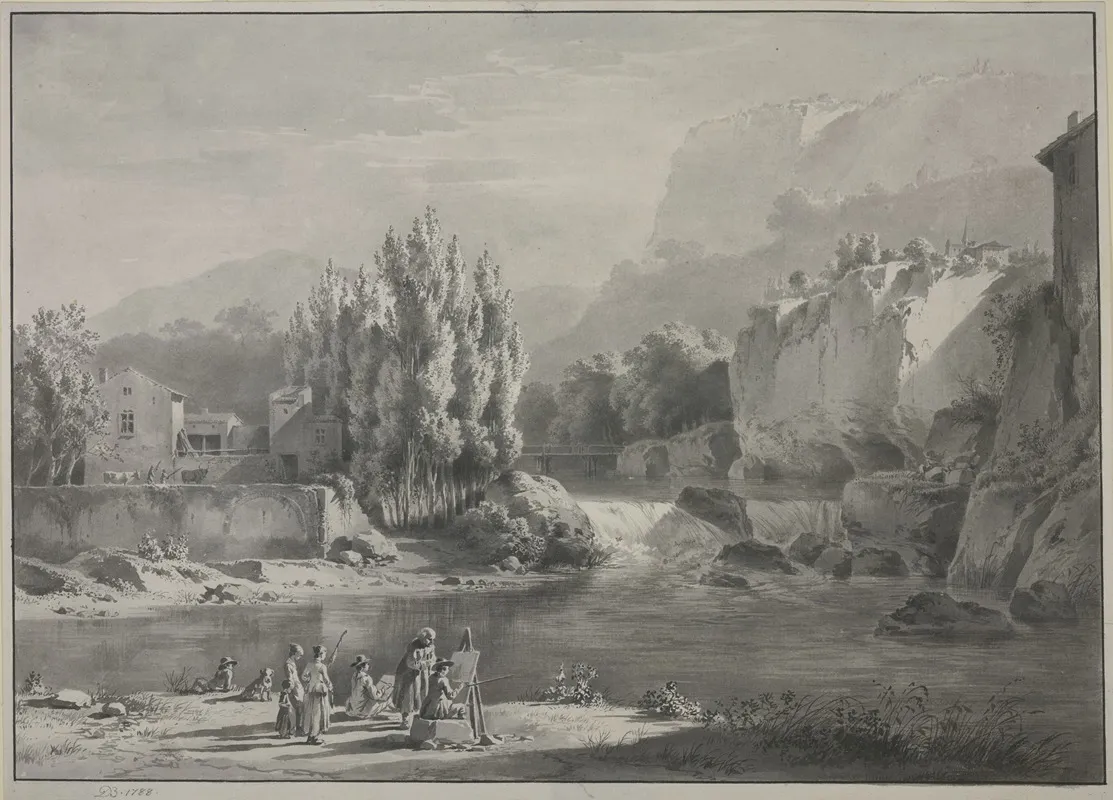 Fluslandschaft Mit Hohen Bergen Im Vordergrund Zwei Maler Mit Zuschauern by Jean-Jacques de Boissieu - Canvas Print
