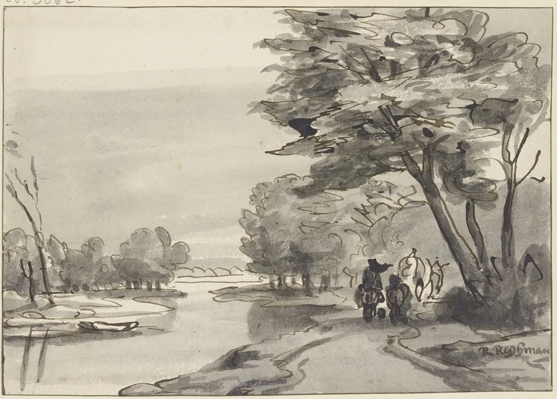 Fluss Mit Waldigem Ufer Rechts Ein Wagen Und Reiter by Roelant Roghman - Canvas Print