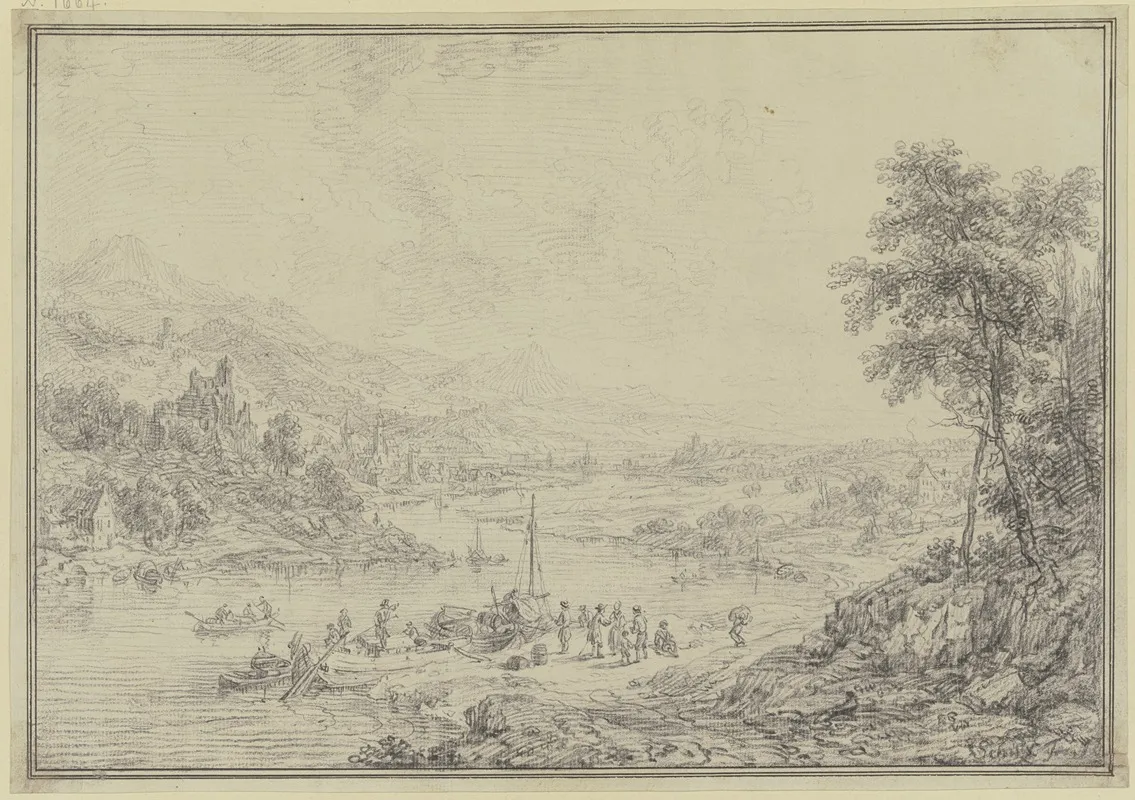 Flussgegend Mit Einem Stadtchen Im Tal Burgen Und Schlossern Auf Den Bergen Vorne Am Ufer Schiffe Und Figurliche Staffage