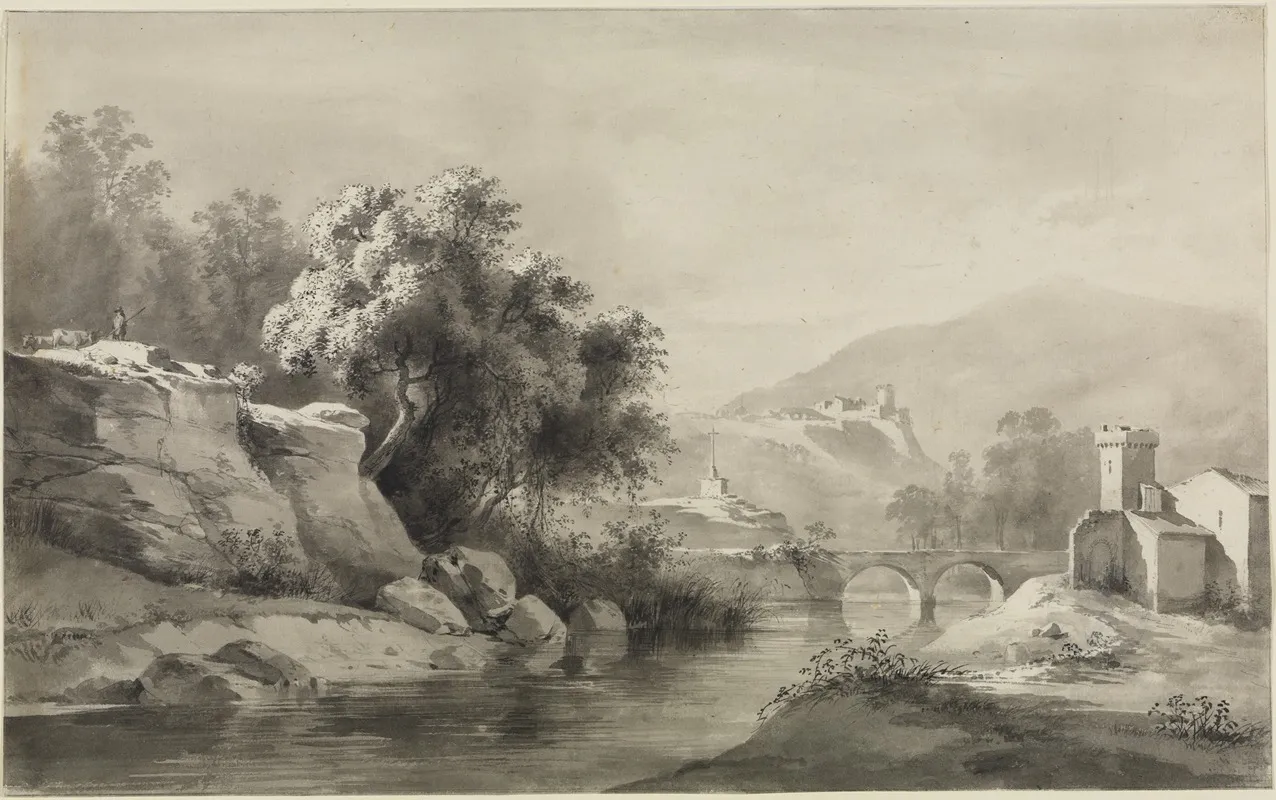 Flusslandschaft Mit Doppelbogenbrucke Und Kreuz by Jean-Jacques de Boissieu - Canvas Print