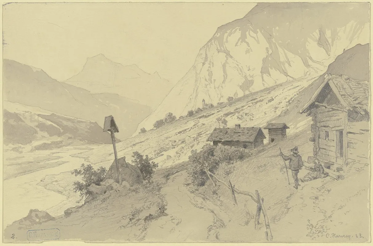 Flusstal Im Gebirge Rechts Hutten Davor Mann Und Frau by Karl Friedrich Harveng - Canvas Print