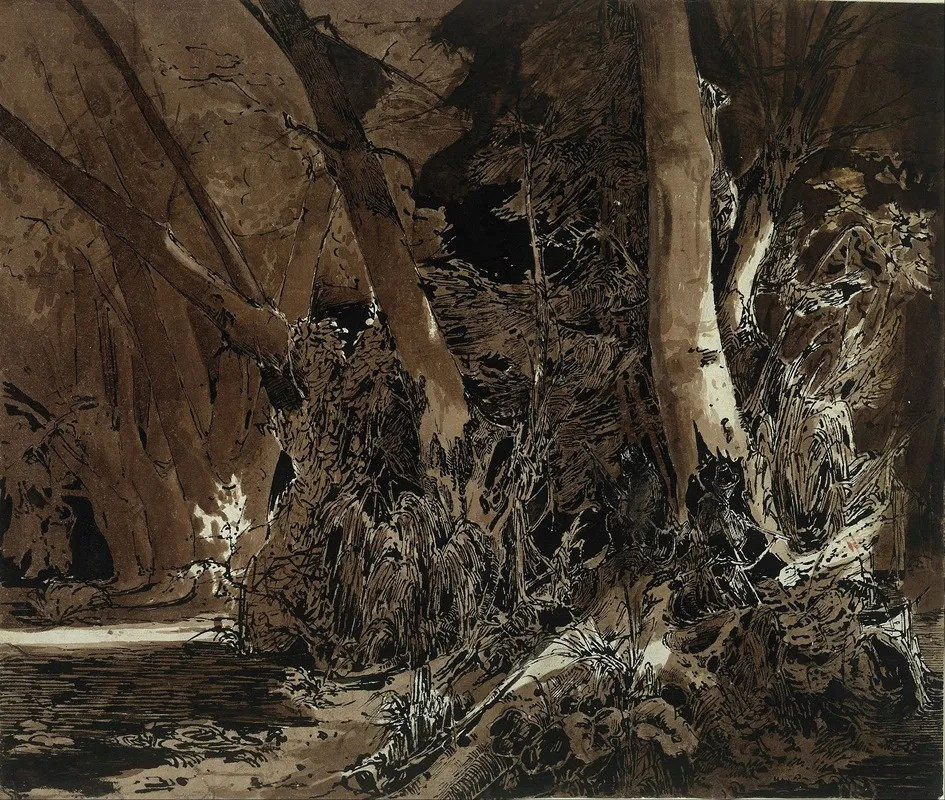 Forest Landscape With Flowing Water And Two Hunters