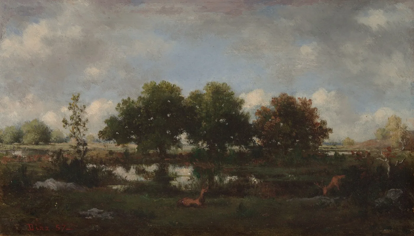Forest Landscape With Stags by Narcisse-Virgile Diaz de La Peña - Canvas Print
