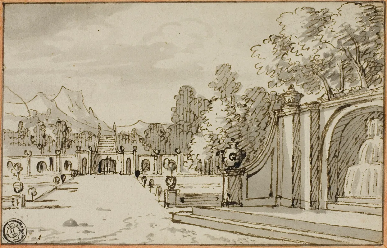 Formal Garden With Fountain In Foreground