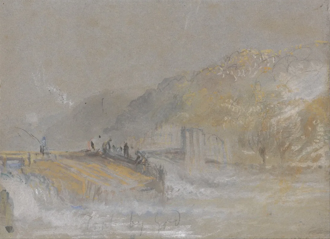 Foul By God River Landscape With Anglers Fishing From A Weir