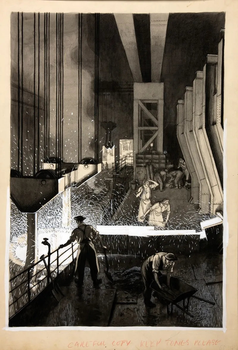 Foundry Scene Men Supervising Pouring Of Molten Metal