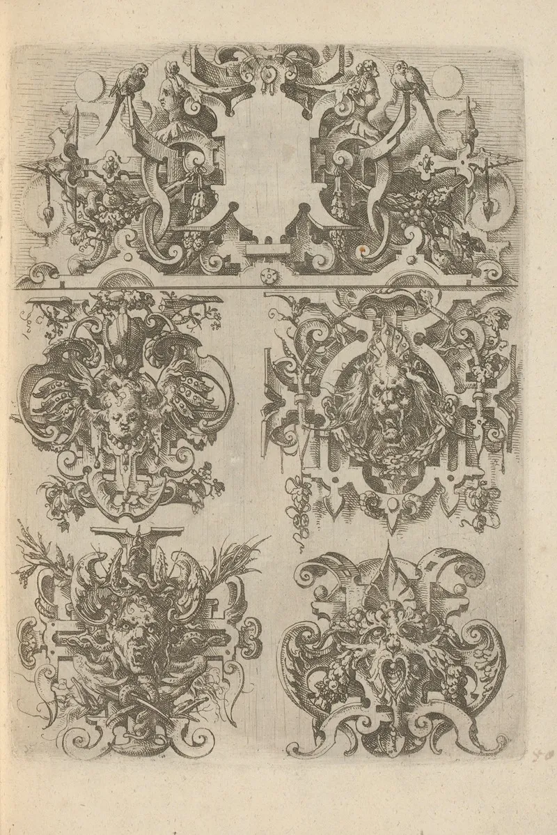Four Cartouches In A Frame Of Scrollwork With Grotesques And The Top Cartouche Surrounded By Scrollwork Birds And Mascarons by Wendel Dietterlin - Canvas Print