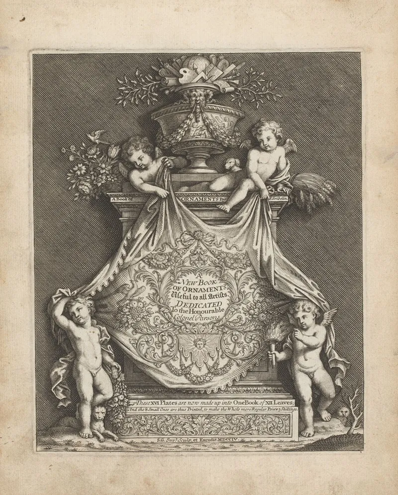 Four Cherubs Hold A Cloth With Text On It
