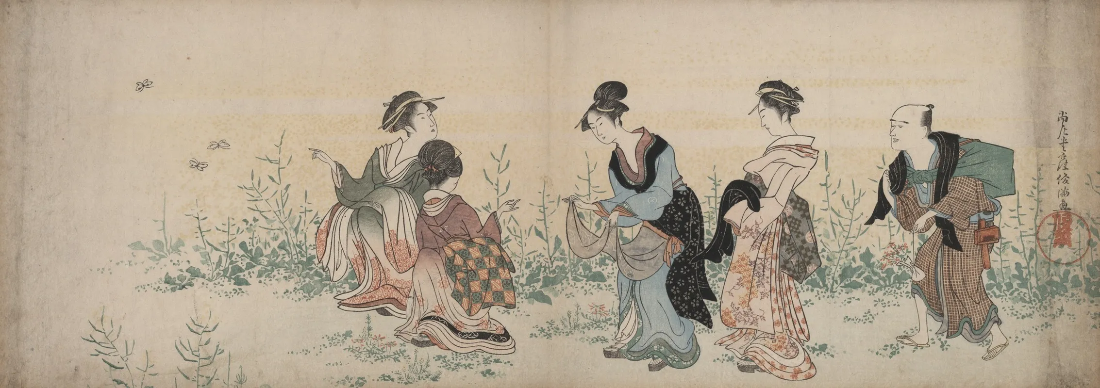 Four Girls And A Servant Enjoying Wild Flowers And Butterflies