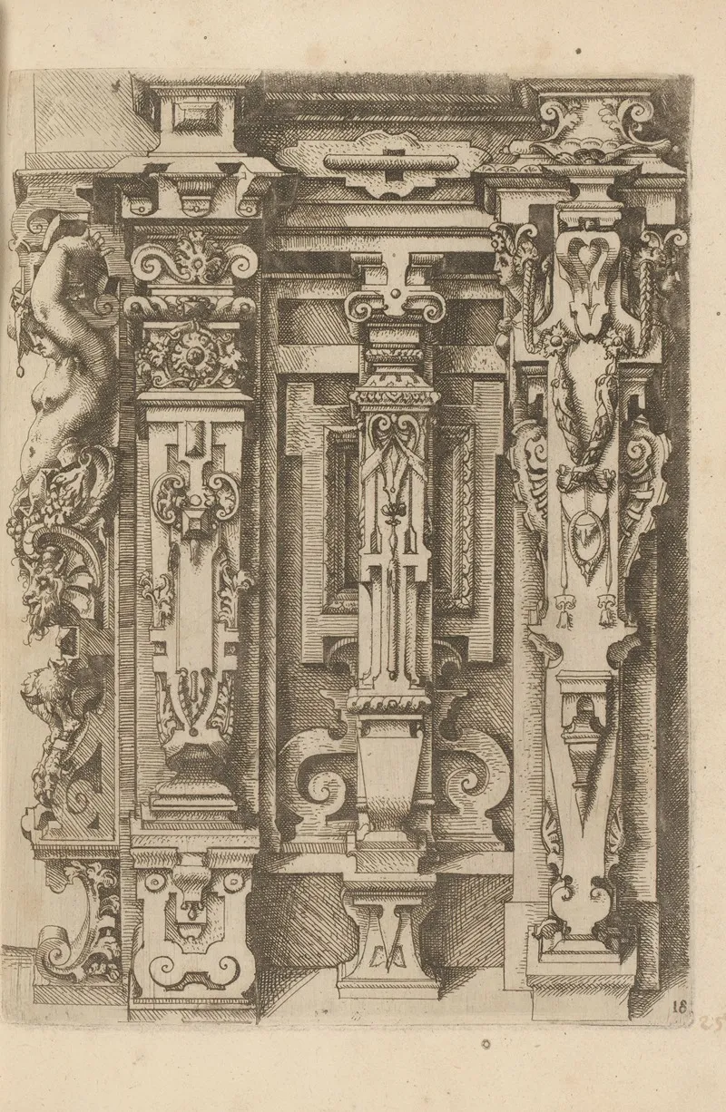 Four Ionic Pilasters Decorated With Scrollwork Foliage Mascarons And A Caryatid by Wendel Dietterlin - Canvas Print