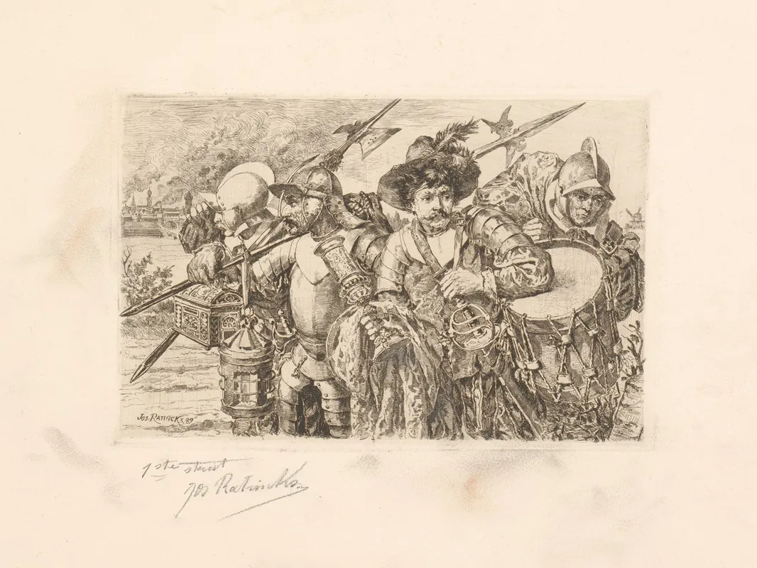 Four Men In Armor Flee From A Burning City With Treasures