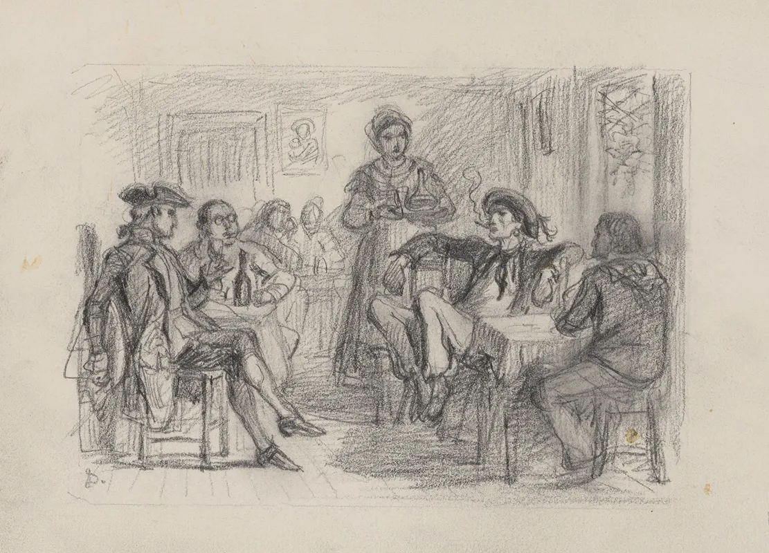 Four Men Sitting At Two Tables Woman Standing Near Center