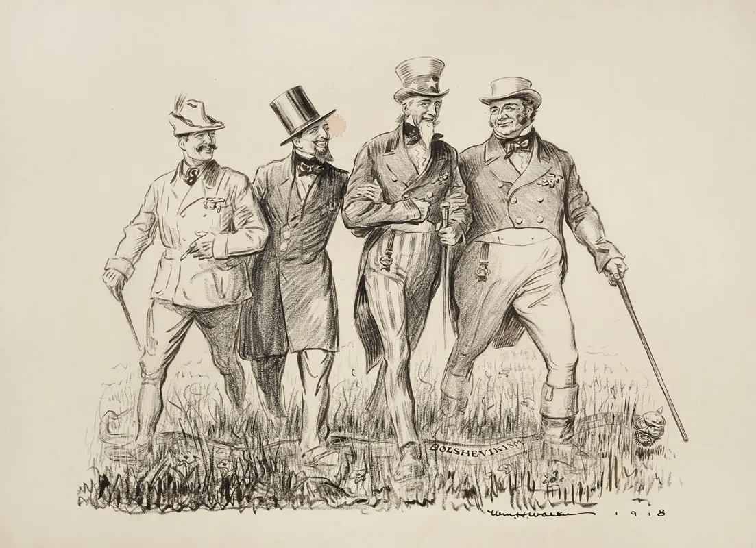 Four Men Walk Happily Together Through A Field Including Uncle Sam And A Man Representing Great Britain
