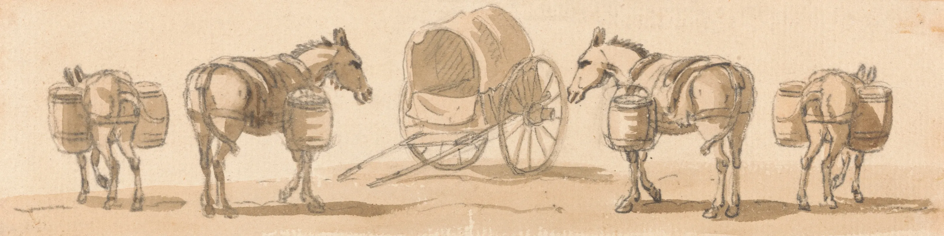 Four Mules With Panniers And A Cart