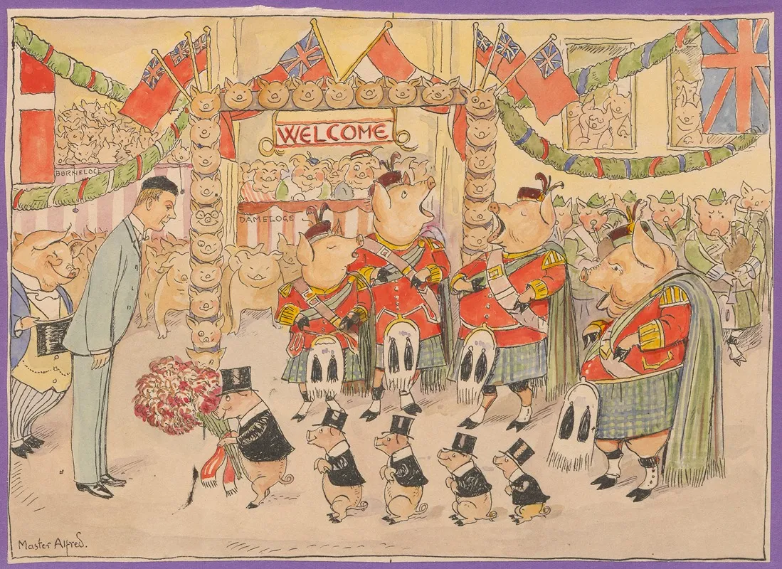 Four Pigs Wearing Kilts Sing While Five Pigs Wearing Top Hats Present A Man With A Bouquet Of Flowers