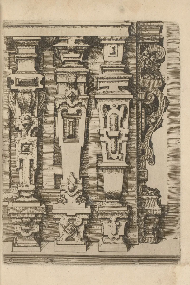Four Pilasters With Rustication One Of Which Is Seen From The Side by Wendel Dietterlin - Canvas Print