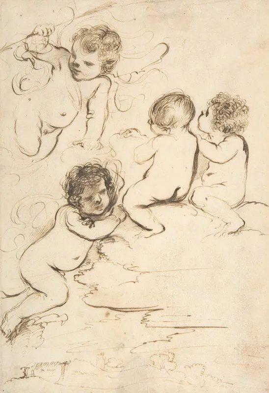 Four Putti With Bow And Arrows On Clouds Above A Landscape With A Tower
