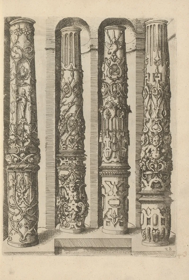 Four Shafts Of Composite Columns Decorated With Scrollwork Grotesques Laurel Wreaths And Garlands by Wendel Dietterlin - Canvas Print