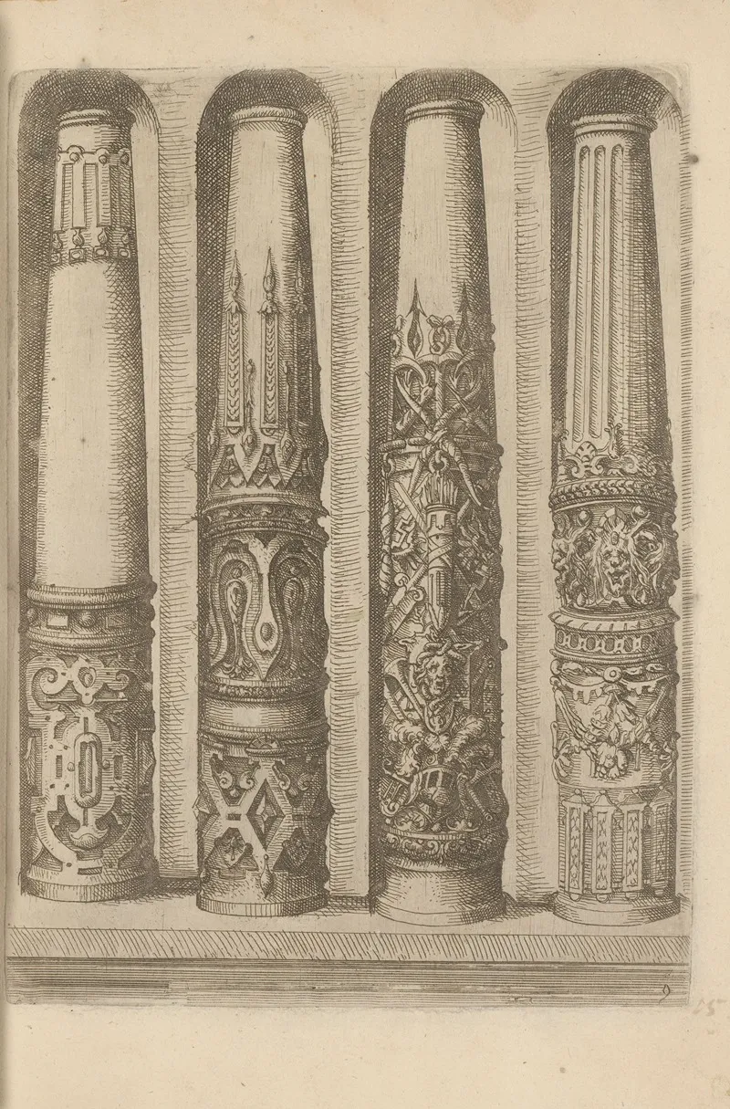 Four Shafts Of Doric Columns Decorated With Rustica Military Trophies Mascarons And Garlands by Wendel Dietterlin - Canvas Print