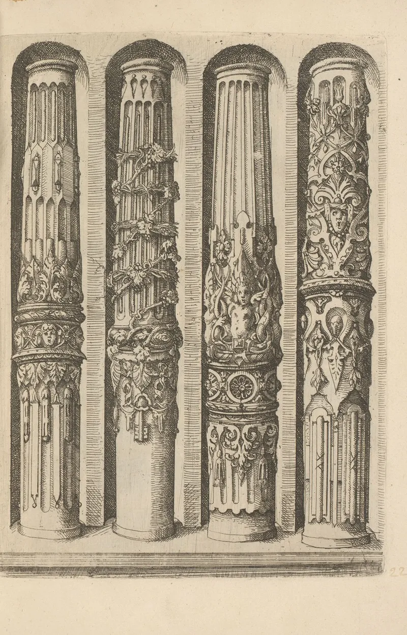 Four Shafts Of Ionic Columns Decorated With Foliage Mascarons Grotesques And Scrollwork by Wendel Dietterlin - Canvas Print