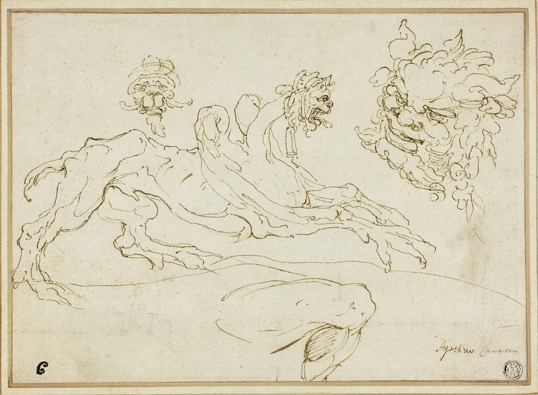 Four Sketches Griffin Grotesque Head Head Of Satyr Bent Leg
