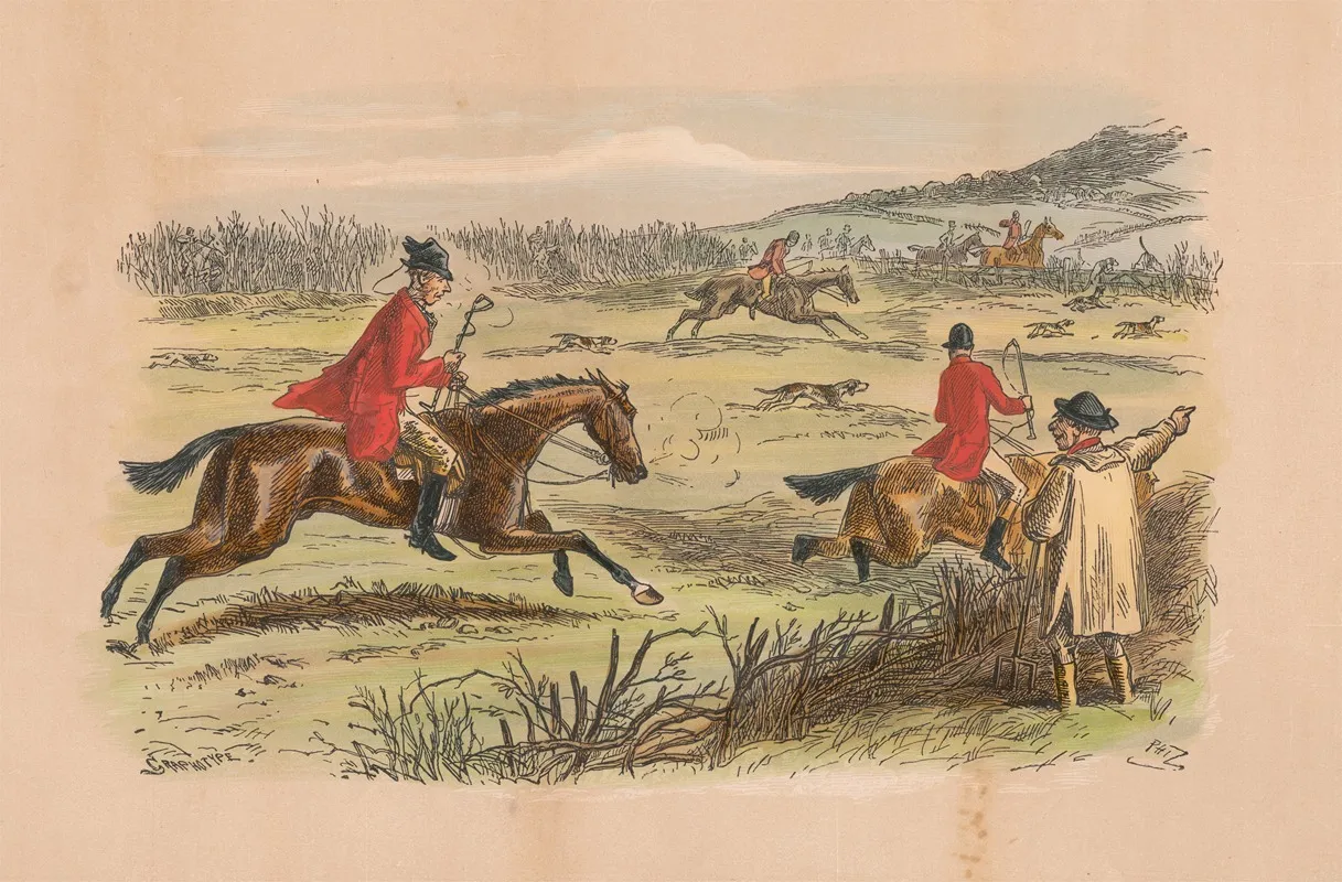 Fox Hunting Sketches No 6 Over The Hills And Far Away Yokel To Half Baked Stagger by Hablot Knight Browne - Canvas Print