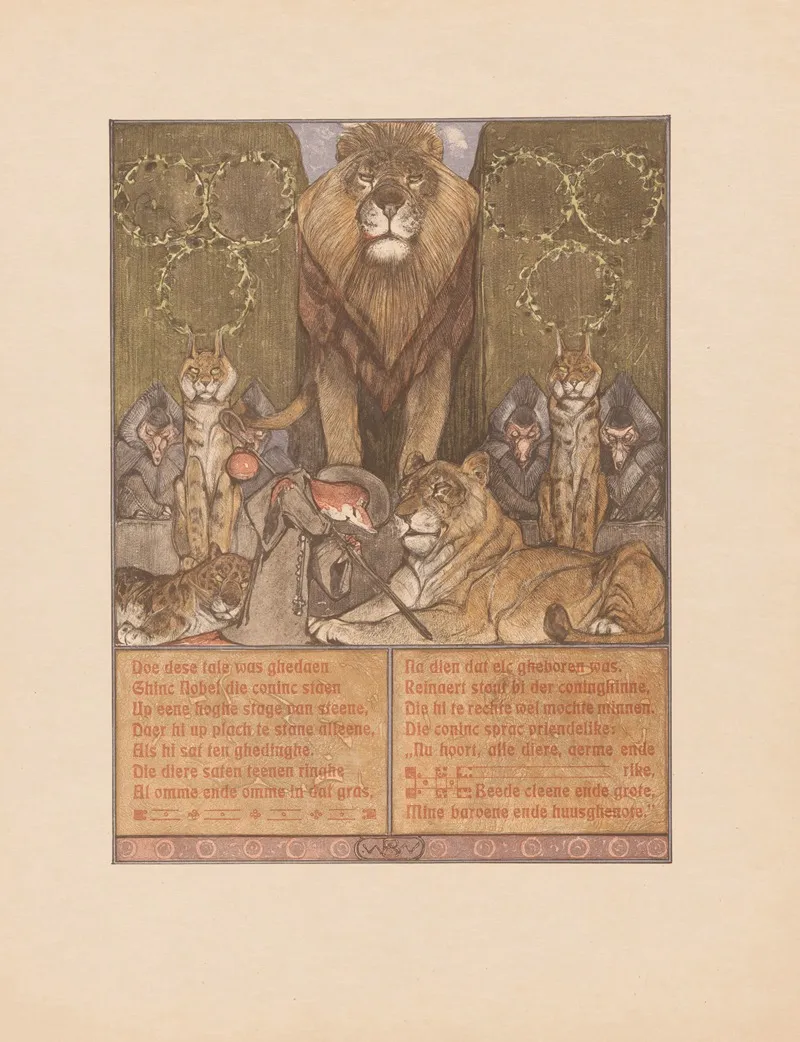 Fox In Monks Habit Reinaert At Feet Of Lion Nobel And Lioness Gentel Amid Other Animals