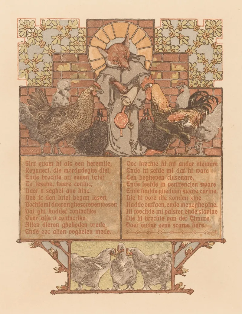 Fox In Monks Habit Reinaert Surrounded By Chickens And Rooster Cantecleer