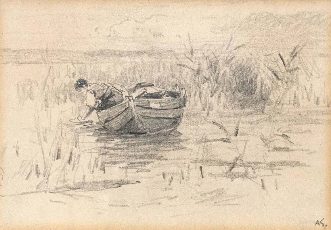 Frau Im Kahn Am Schilfufer by Alexander Koester - Canvas Print