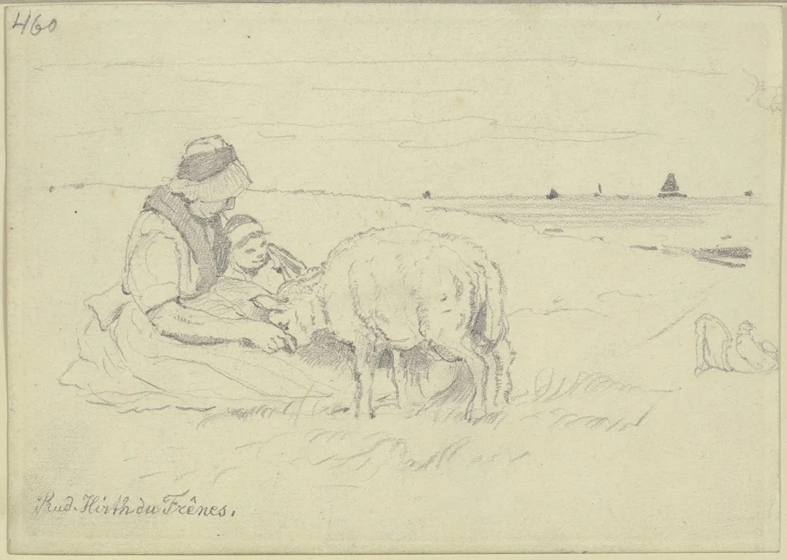 Frau Mit Kind Und Schaf Am Strand by Rudolf Hirth du Frênes - Canvas Print