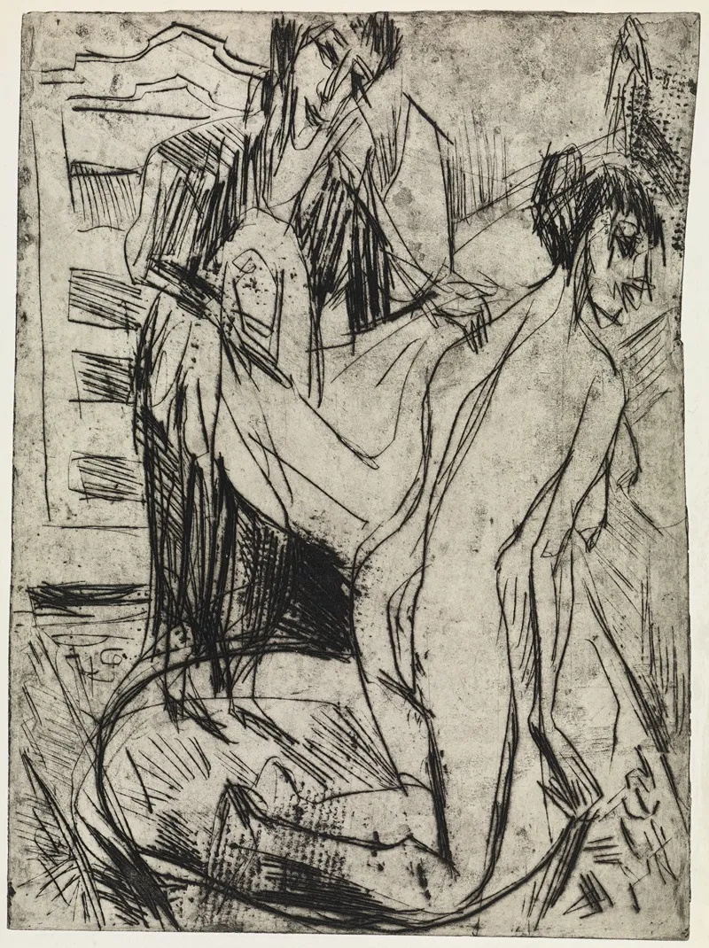 Frau Trocknet Eine Badende Ab by Ernst Ludwig Kirchner - Canvas Print