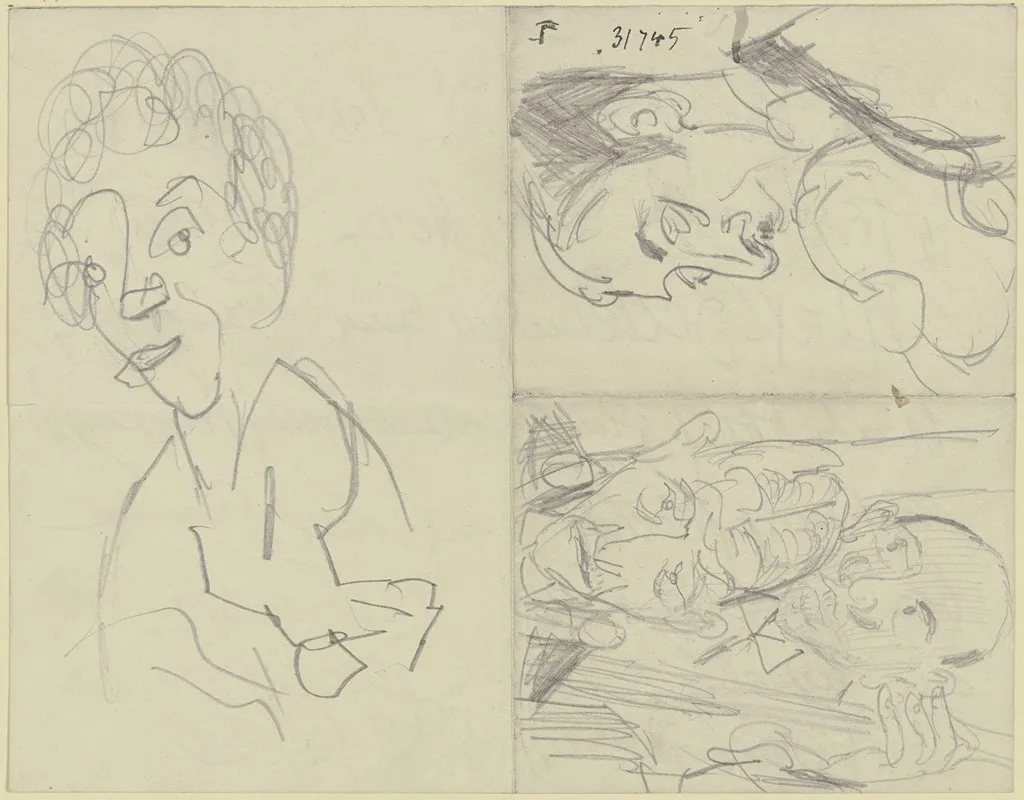 Frauenkopf Ein Geiger Zwei Bassisten Drei Verschiedene Skizzen Auf Einem Durch Faltung In Vier Felder Unterteilten Papierbogen by Max Beckmann - Canvas Print