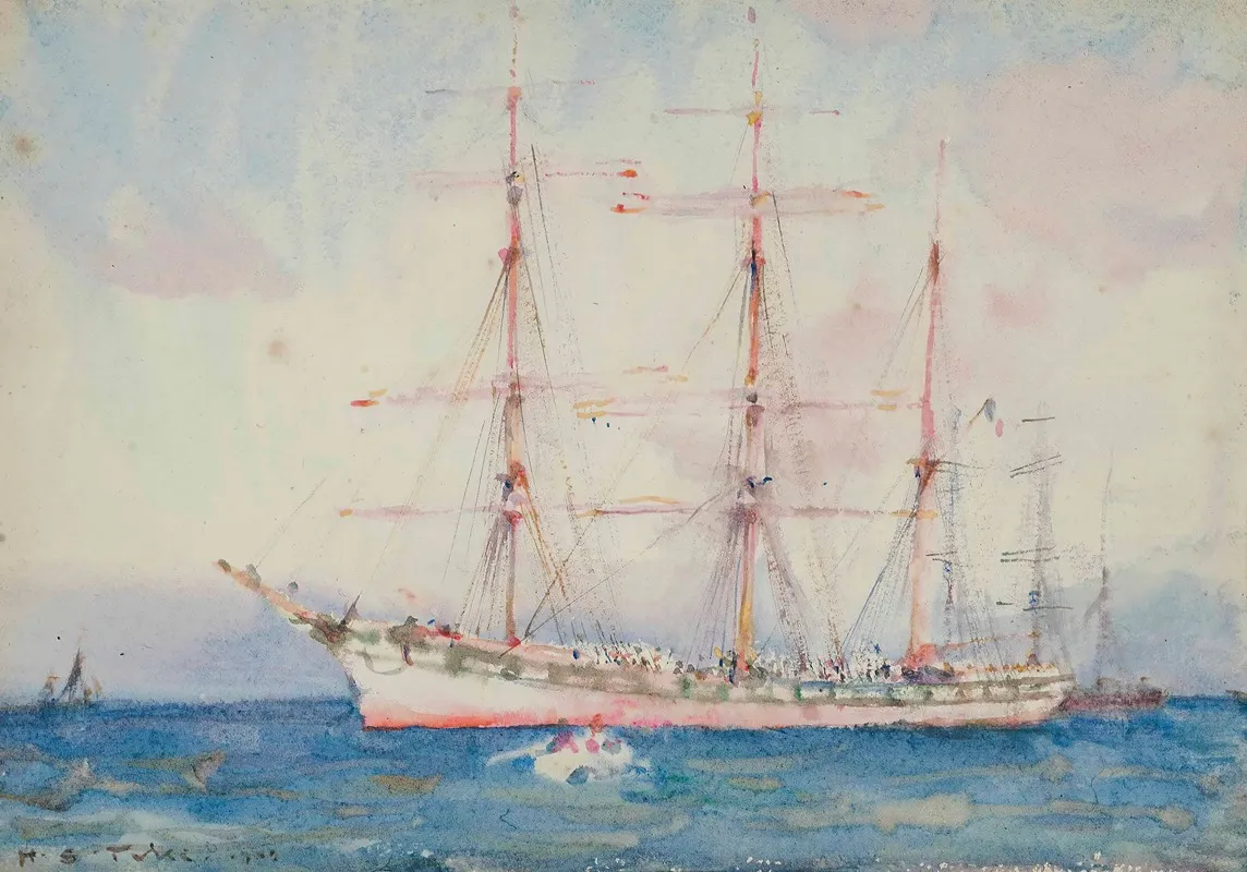 French Windjammer At Anchor Signed And Indistinctly