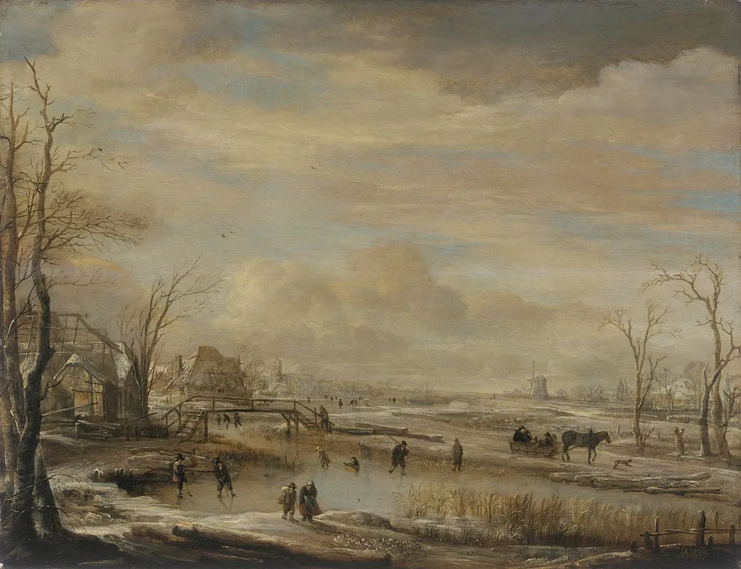 Frozen River With A Footbridge by Aert van der Neer - Canvas Print