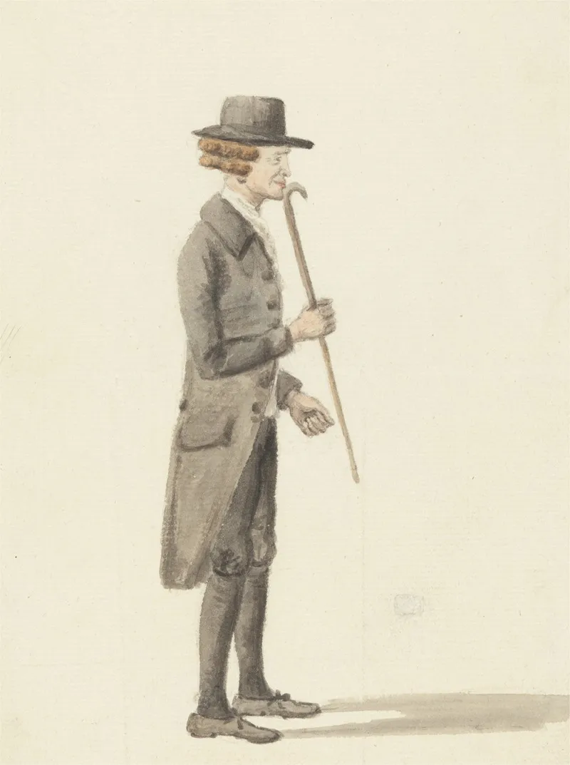 Full Length Figure Of A Man Dressed In Black Holding A Walking Stick
