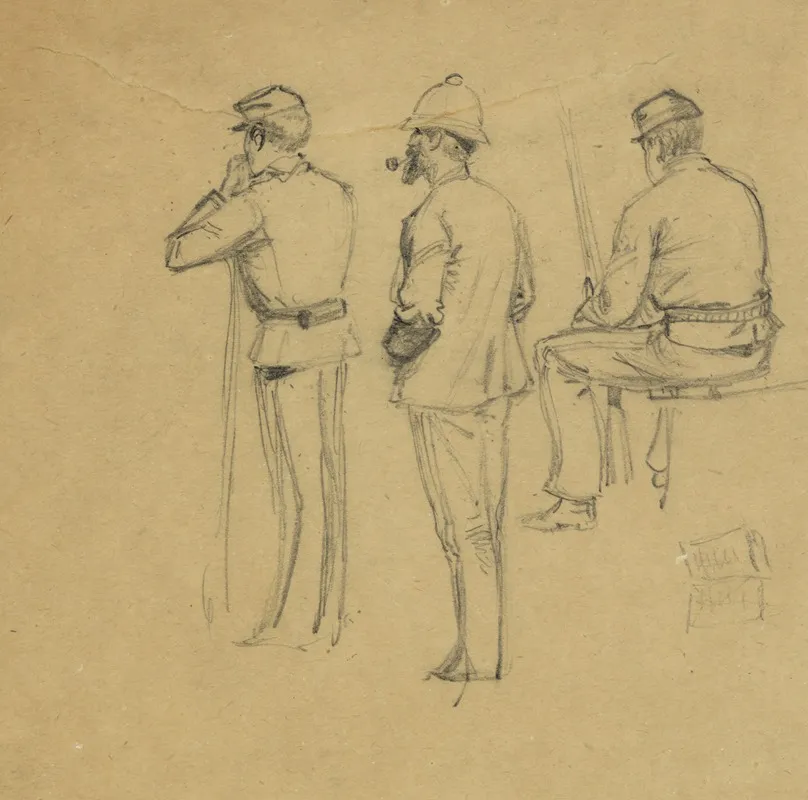 Full Length Rear View Sketches Of Three Soldiers