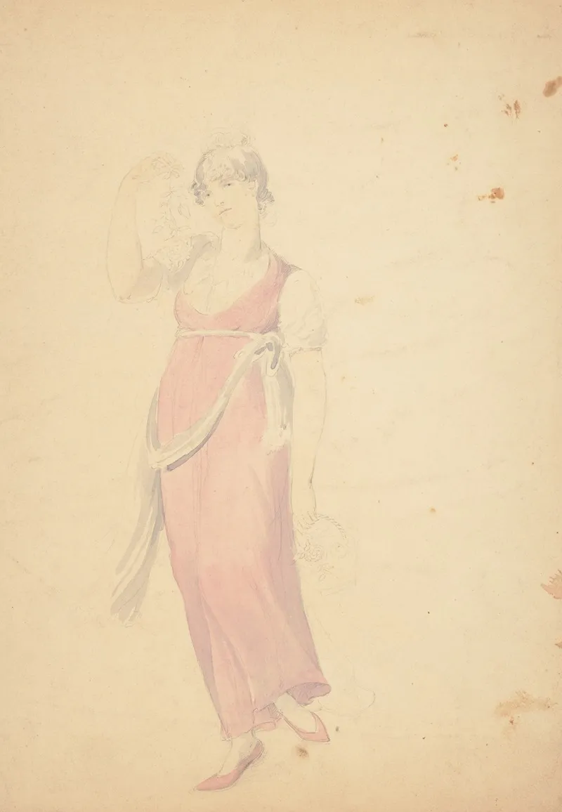 Full Length Unfinished Drawing Of Woman Wearing A Pink Dress And Shoes And Holding Plants As A Muse
