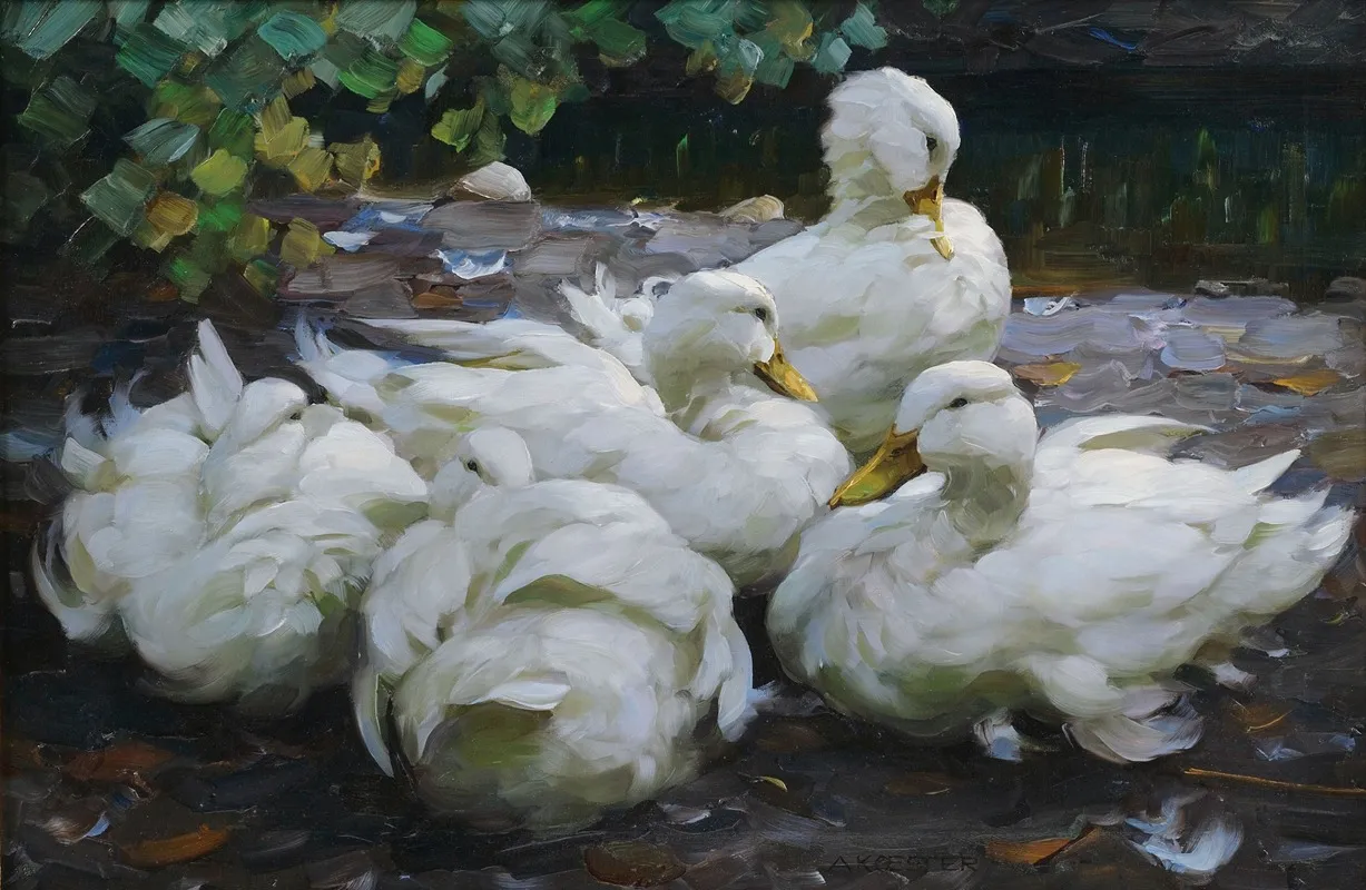 Funf Ruhende Weise Enten by Alexander Koester - Canvas Print