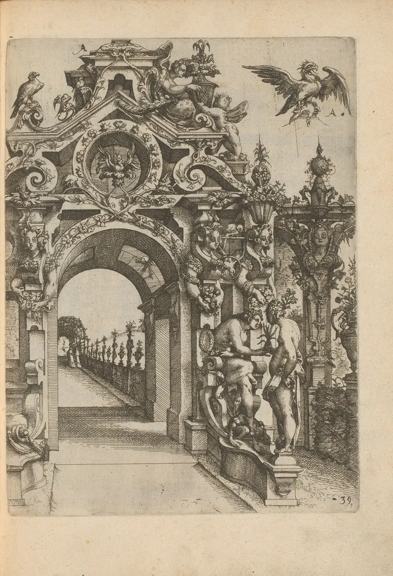 Garden Gate Decorated With Female Herms Garlands Statues And Animals