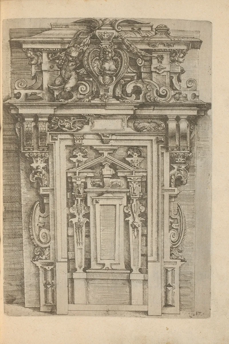 Gate Shaped Wall Decoration With A Bust Of A Woman And A Putto With A Palm Branch by Wendel Dietterlin - Canvas Print
