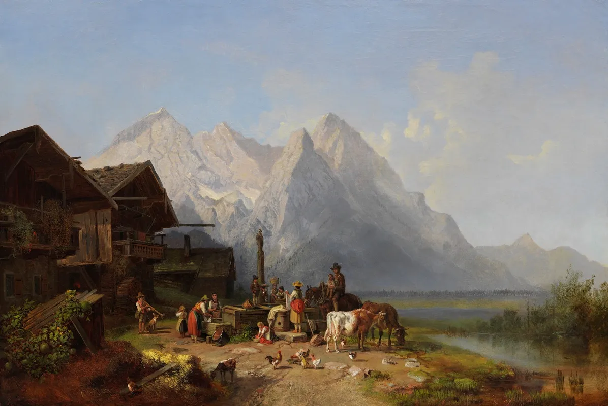 Gebirgsdorf Mit Brunnen Im Hintergrund Das Wettersteingebirge by Heinrich Bürkel - Canvas Print
