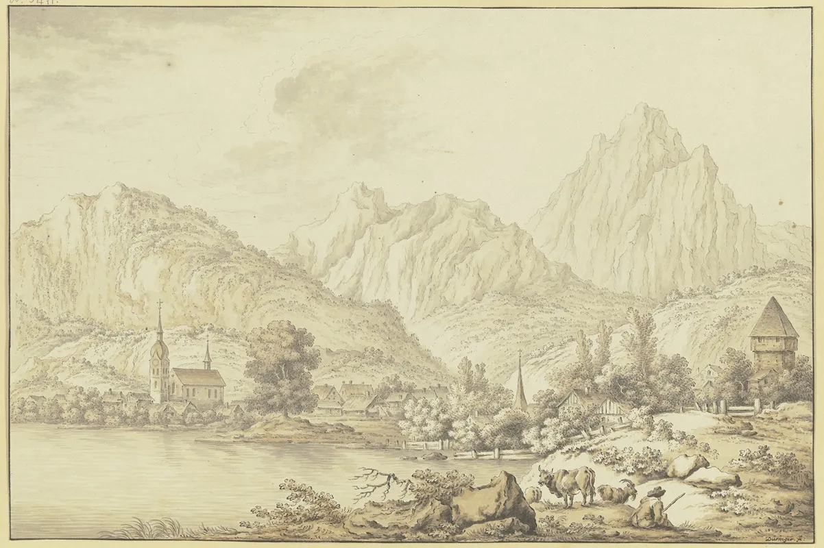 Gebirgsdorf Mit Zwei Kirchturmen An Einem See Gelegen