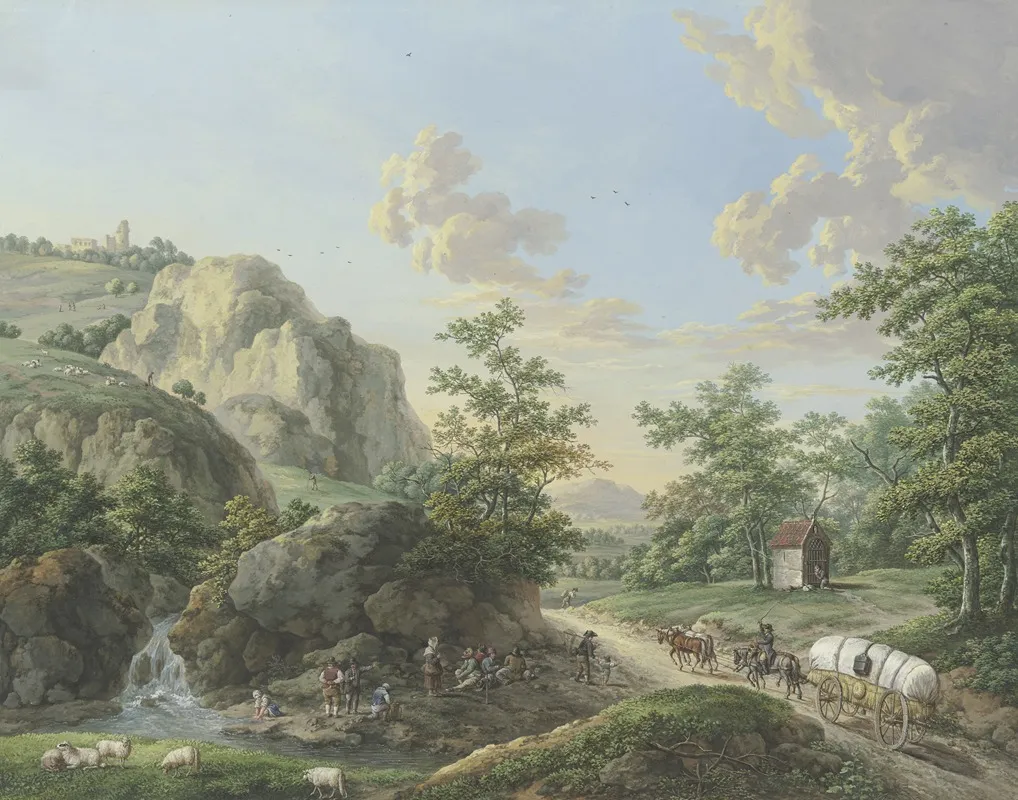 Gebirgslandschaft Ein Packwagen Fahrt Auf Der Landstrase Rechts by Karl Franz Kraul - Canvas Print