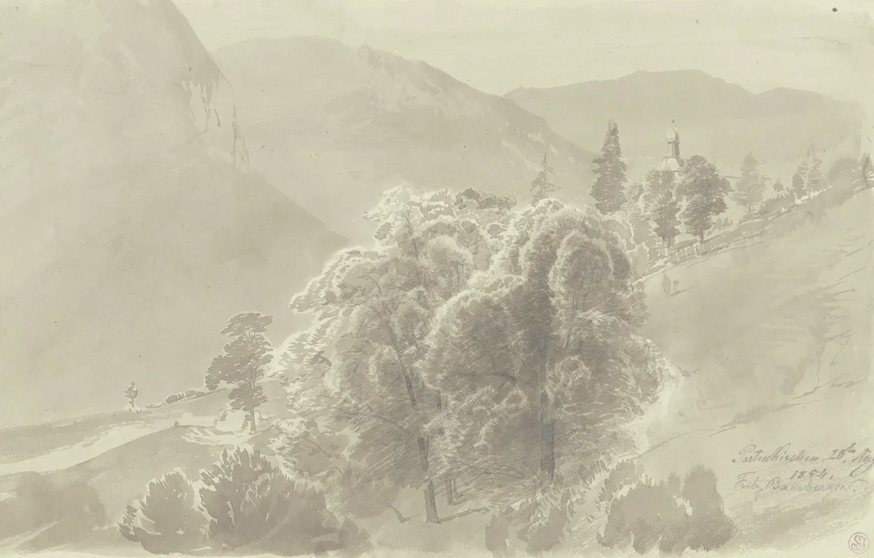 Gebirgslandschaft Im Vordergrund Baumgruppe Aus Der Ein Kirchturm Hervorsieht