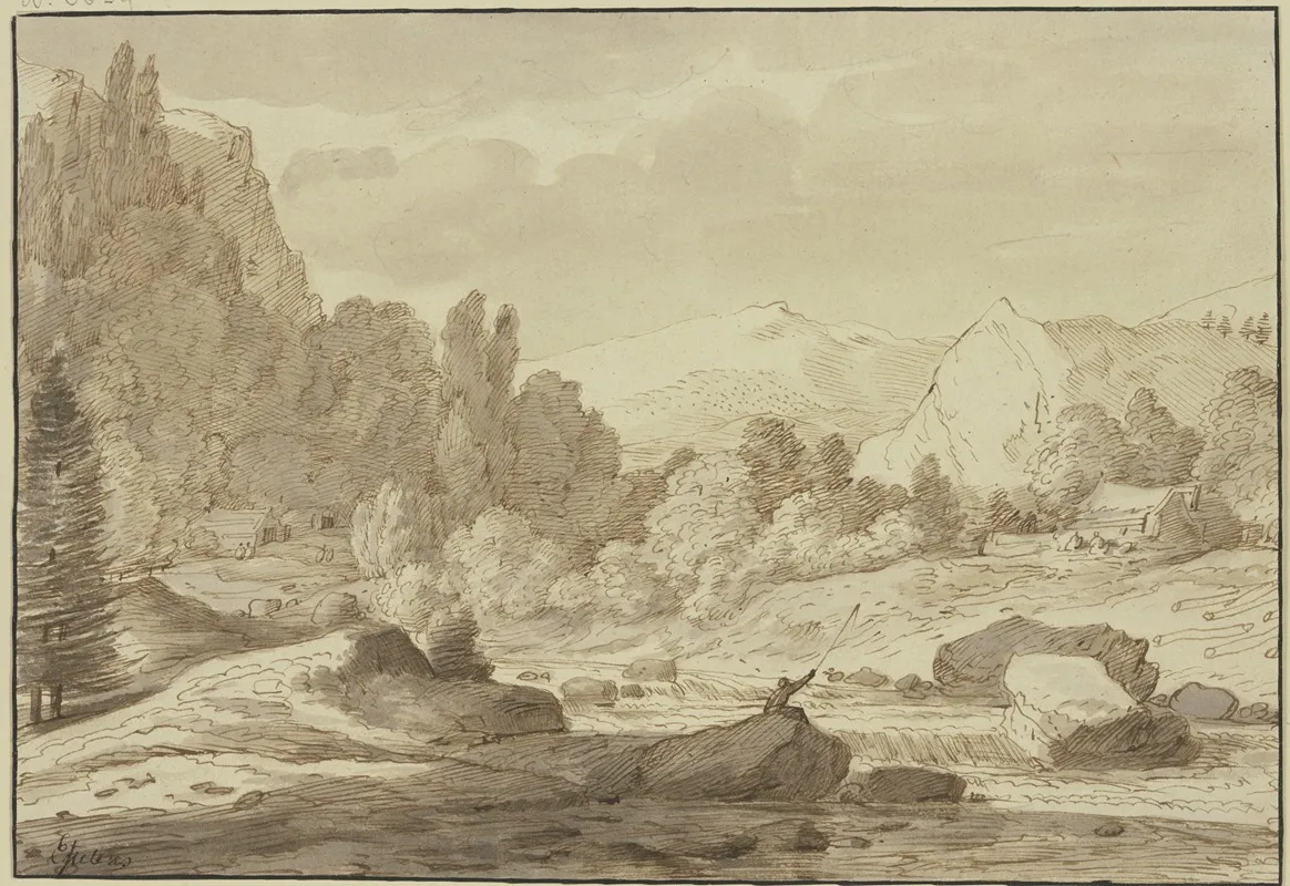 Gebirgslandschaft Mit Einem Waldbach An Welchem Ein Angler Sitzt by Jacob Esselens - Canvas Print