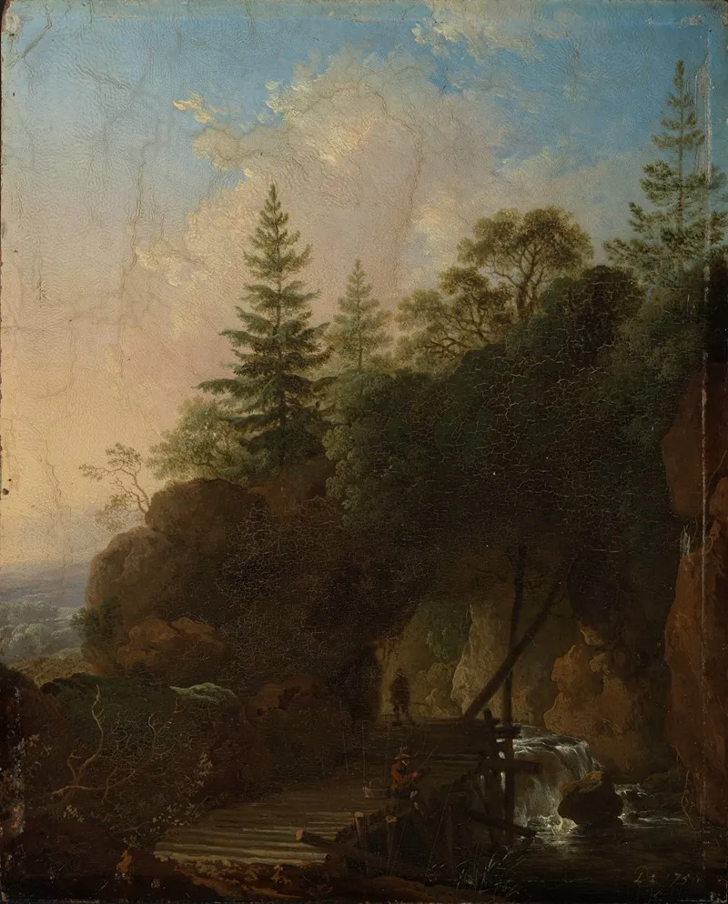 Gebirgslandschaft Mit Wasserfall Und Holzerner Brucke
