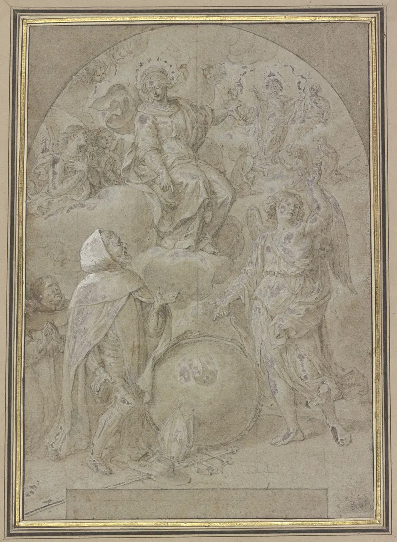 Geharnischter Monch Kniet Vor Einer Weltkugel Ein Engel Deutet Auf Maria Diese Nach Christus by Cristoforo Roncalli - Canvas Print