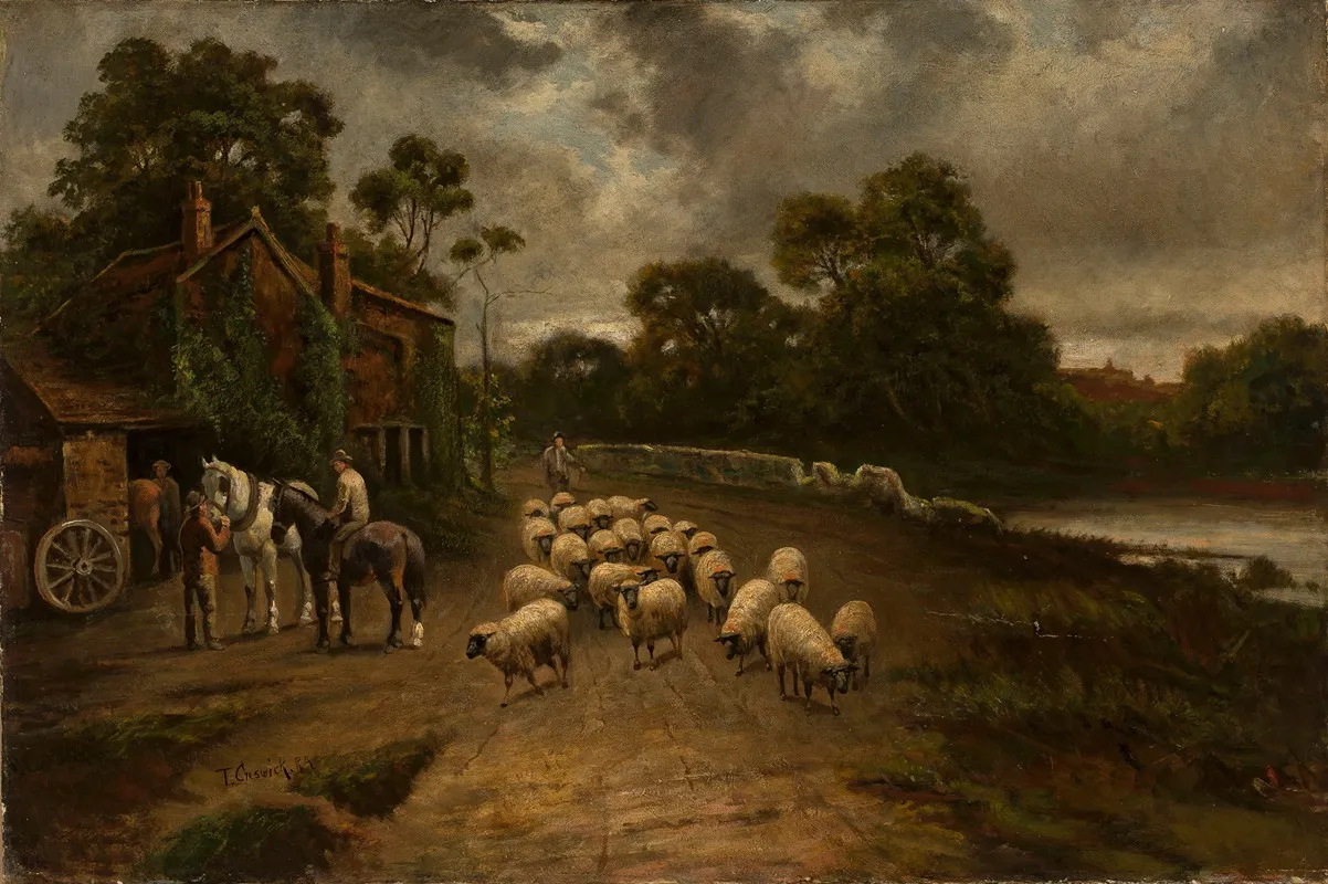 Genre Scene With A Flock Of Sheep by Thomas Creswick - Canvas Print